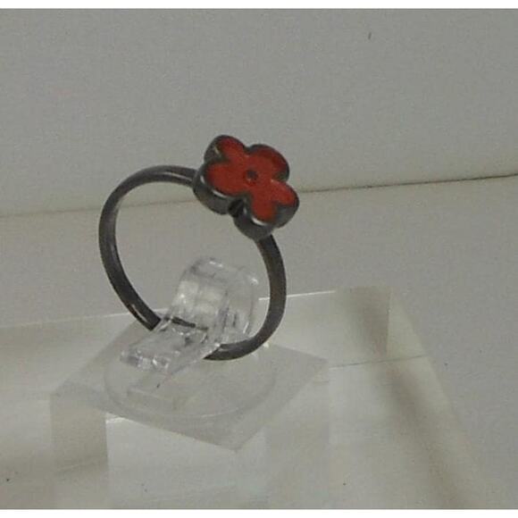 Vibrant Pink Splat Flower Ring Oxidized Sterling Silver Size 6.25 - Fun Enamel - Picture 4 of 6